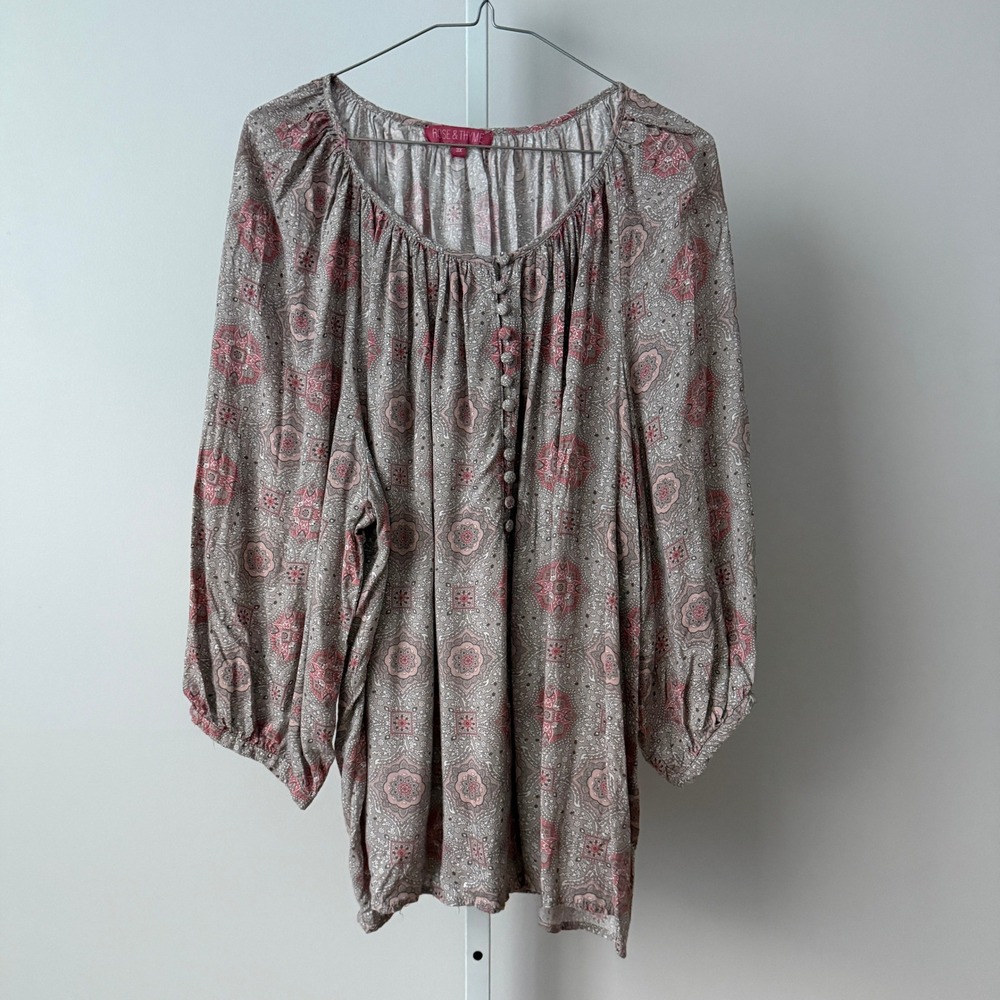 Rose & Thyme 3X Pink Grey Paisley Peasant Blouse Button Cottage Boho